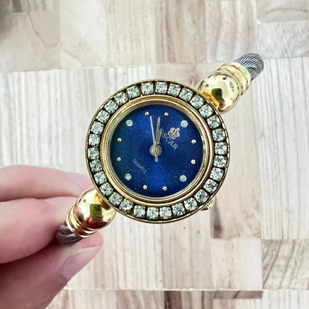 Oscar ladies blue dial two toned bracelet cuff watch NEW BATTERY